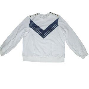 Charter Club Sweatshirt Large Cream Blue Crew‎ Neck Gold Buttons Stripe Pullover